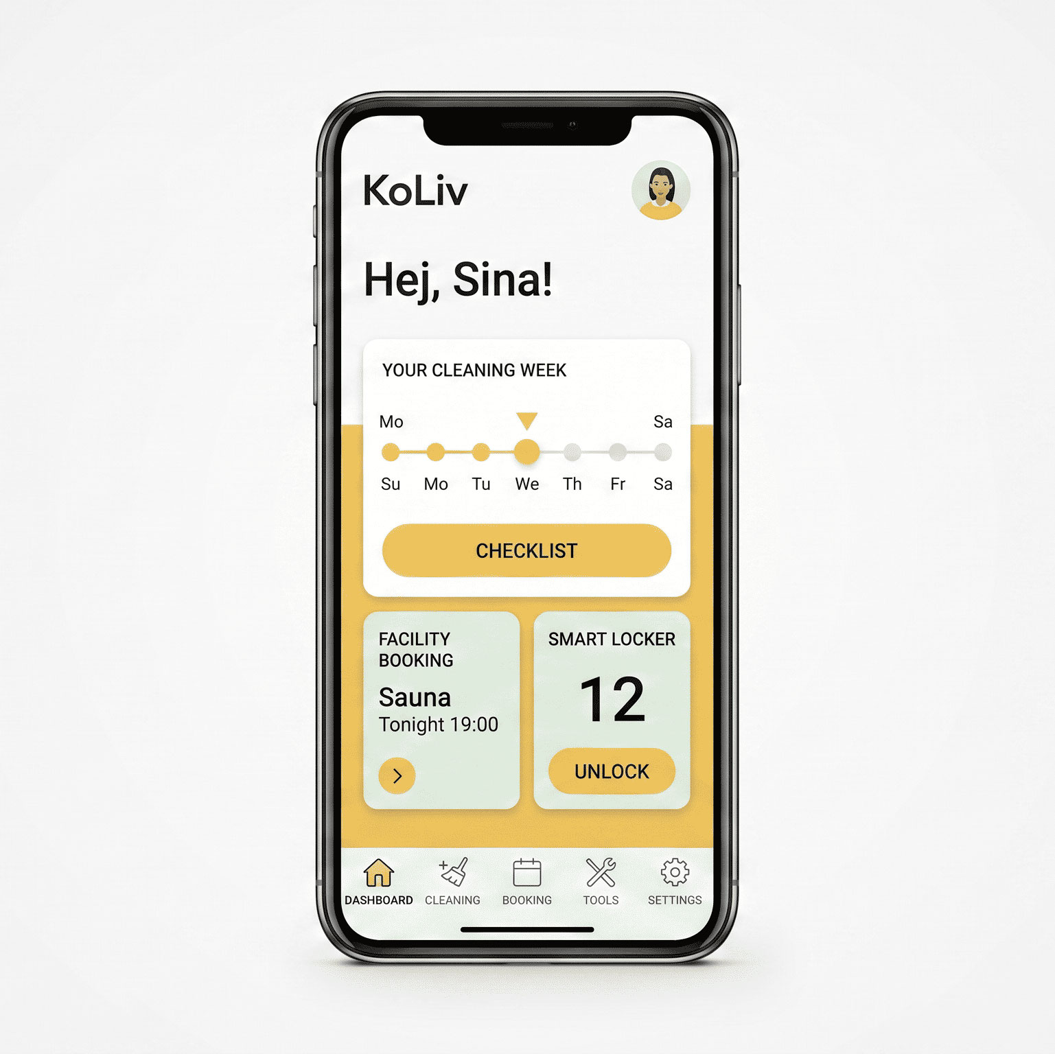 KoLiv app dashboard showing the cleaning week