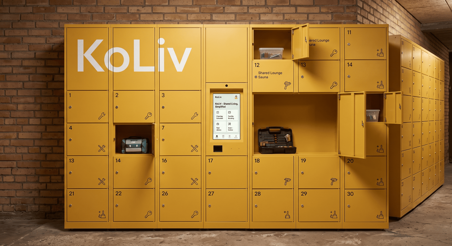 KoLiv smart lockers installed in a shared living corridor